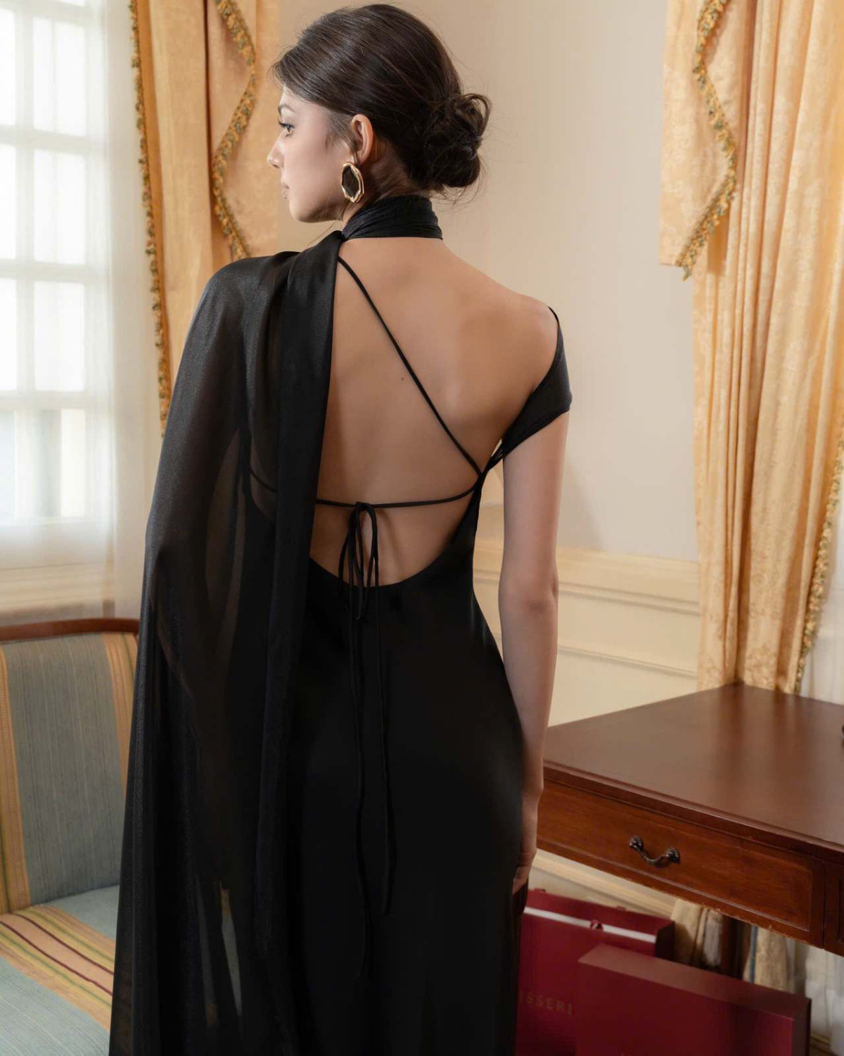 One-Shoulder Scarf Detail Open-Back Maxi Dress