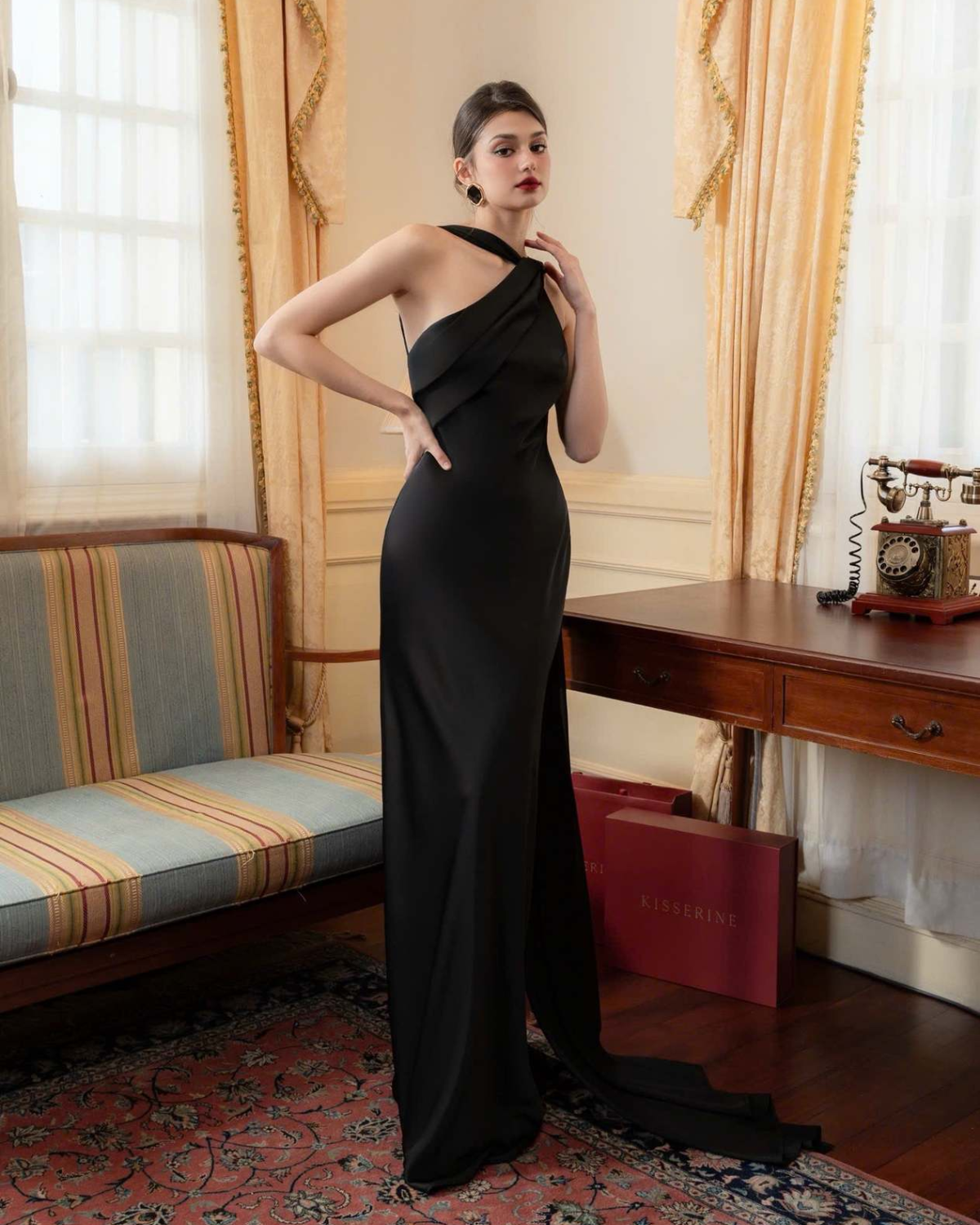 One-Shoulder Scarf Detail Open-Back Maxi Dress