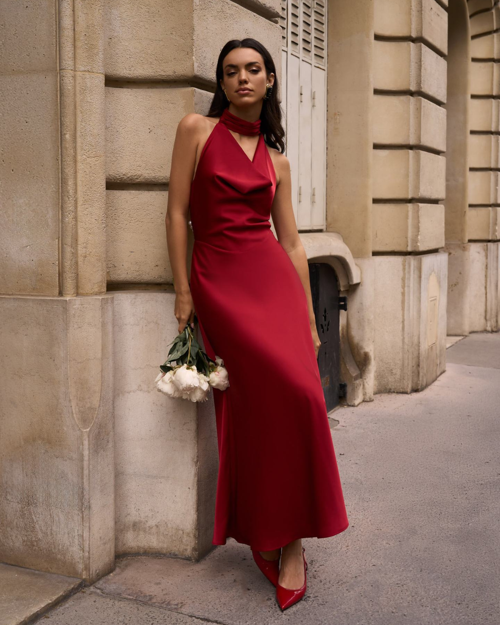 Pearl-Embellished Open-Back Satin Halter Maxi Dress