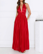 Satin Plissé Plunge Halter Maxi Dress