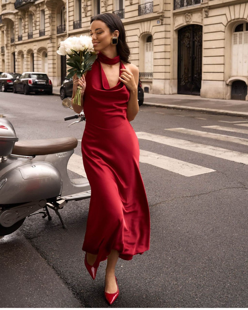 Pearl-Embellished Open-Back Satin Halter Maxi Dress