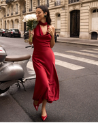 Pearl-Embellished Open-Back Satin Halter Maxi Dress