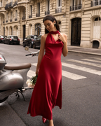 Pearl-Embellished Open-Back Satin Halter Maxi Dress