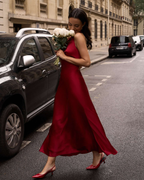 Pearl-Embellished Open-Back Satin Halter Maxi Dress