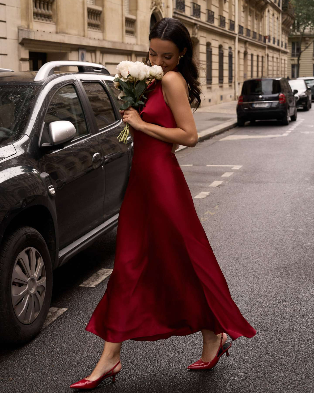 Pearl-Embellished Open-Back Satin Halter Maxi Dress