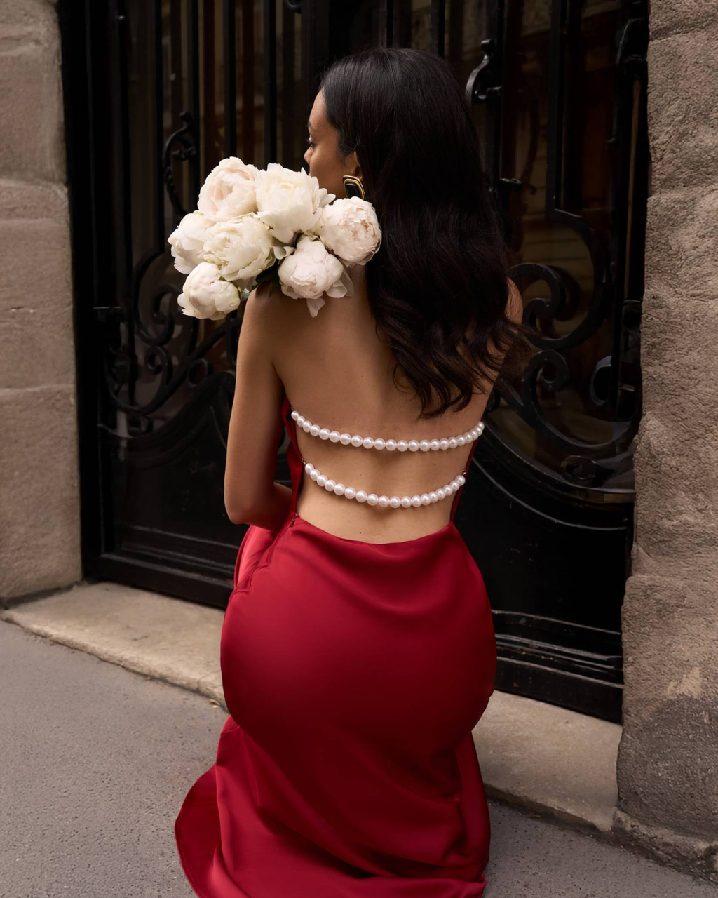 Pearl-Embellished Open-Back Satin Halter Maxi Dress