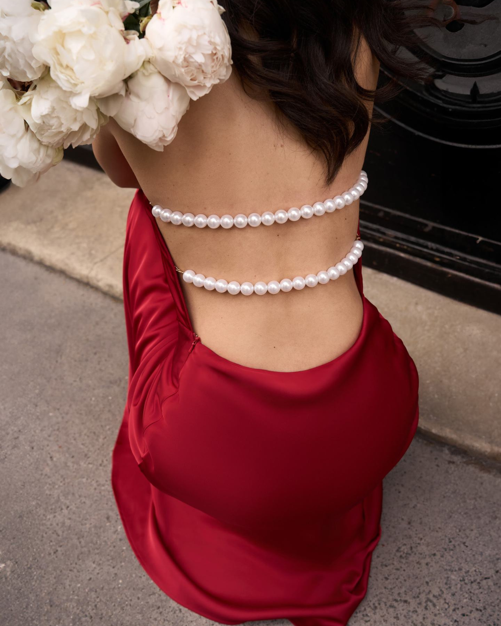 Pearl-Embellished Open-Back Satin Halter Maxi Dress