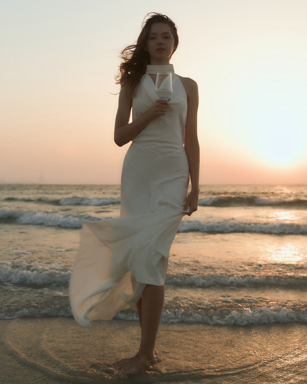 Pearl-Embellished Open-Back Satin Halter Maxi Dress