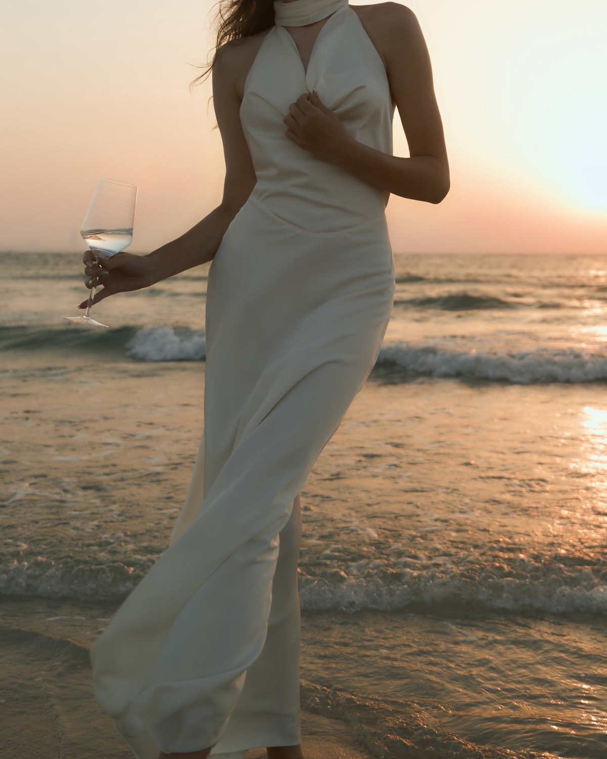 Pearl-Embellished Open-Back Satin Halter Maxi Dress