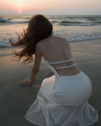 Pearl-Embellished Open-Back Satin Halter Maxi Dress