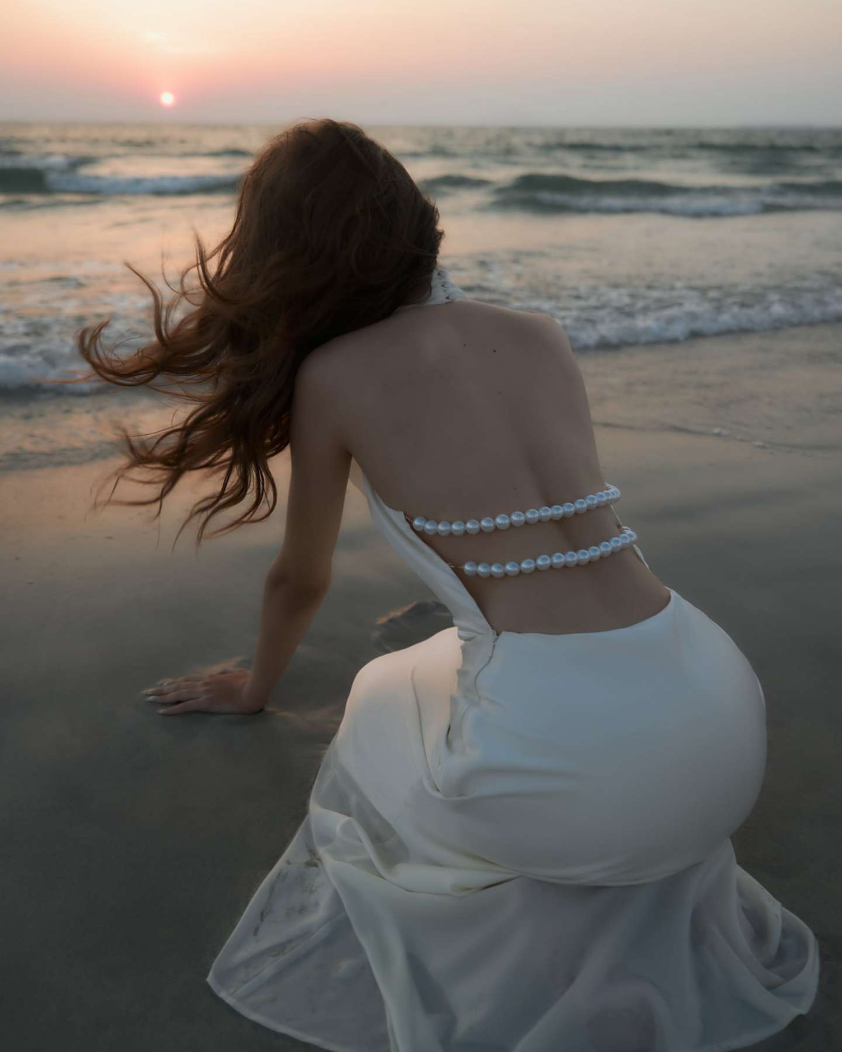 Pearl-Embellished Open-Back Satin Halter Maxi Dress