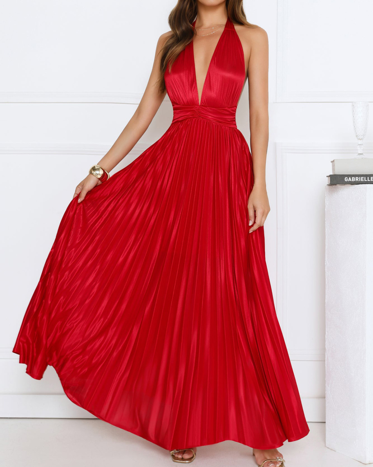 Satin Plissé Plunge Halter Maxi Dress