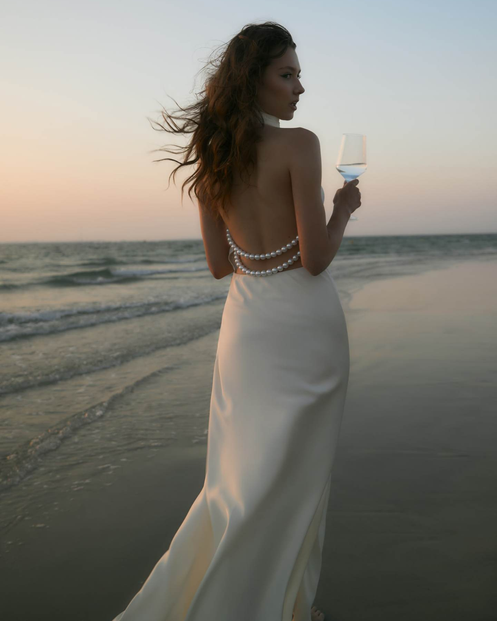 Pearl-Embellished Open-Back Satin Halter Maxi Dress