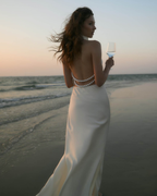 Pearl-Embellished Open-Back Satin Halter Maxi Dress