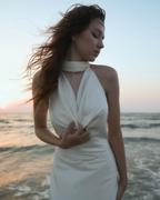 Pearl-Embellished Open-Back Satin Halter Maxi Dress