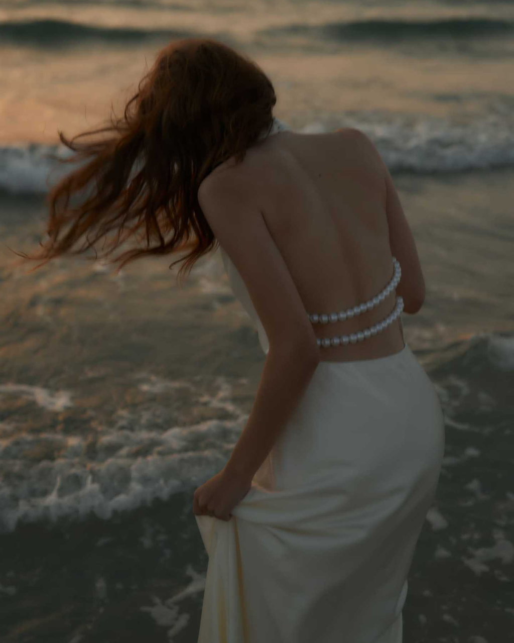 Pearl-Embellished Open-Back Satin Halter Maxi Dress