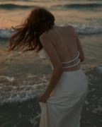 Pearl-Embellished Open-Back Satin Halter Maxi Dress