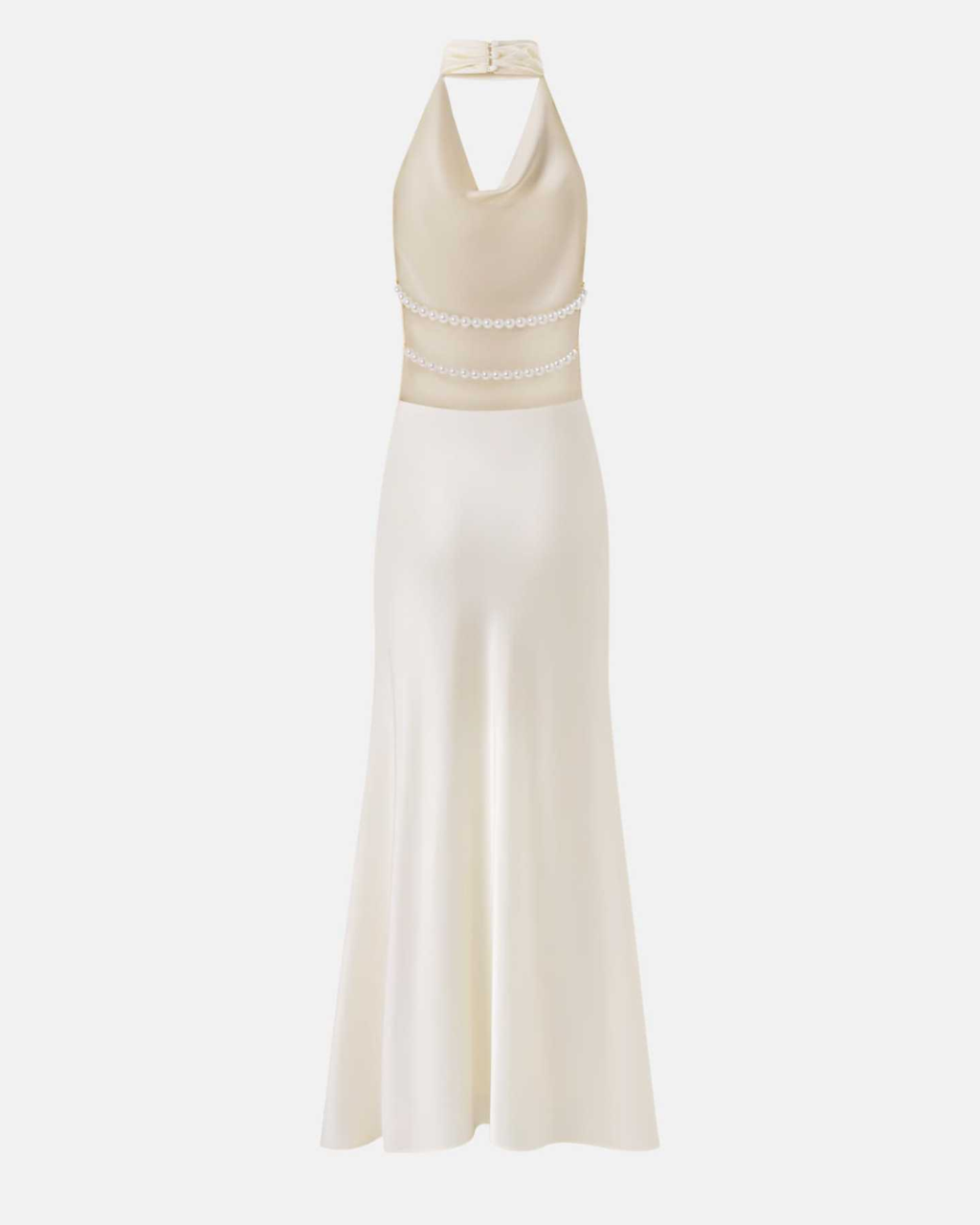 Pearl-Embellished Open-Back Satin Halter Maxi Dress
