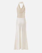 Pearl-Embellished Open-Back Satin Halter Maxi Dress