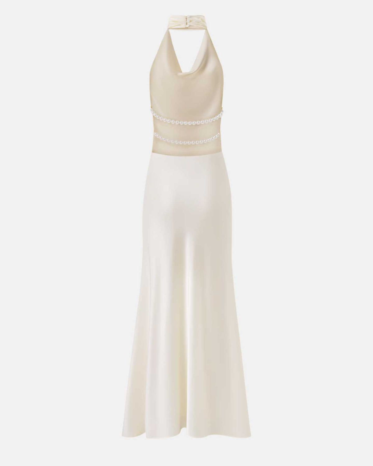 Pearl-Embellished Open-Back Satin Halter Maxi Dress