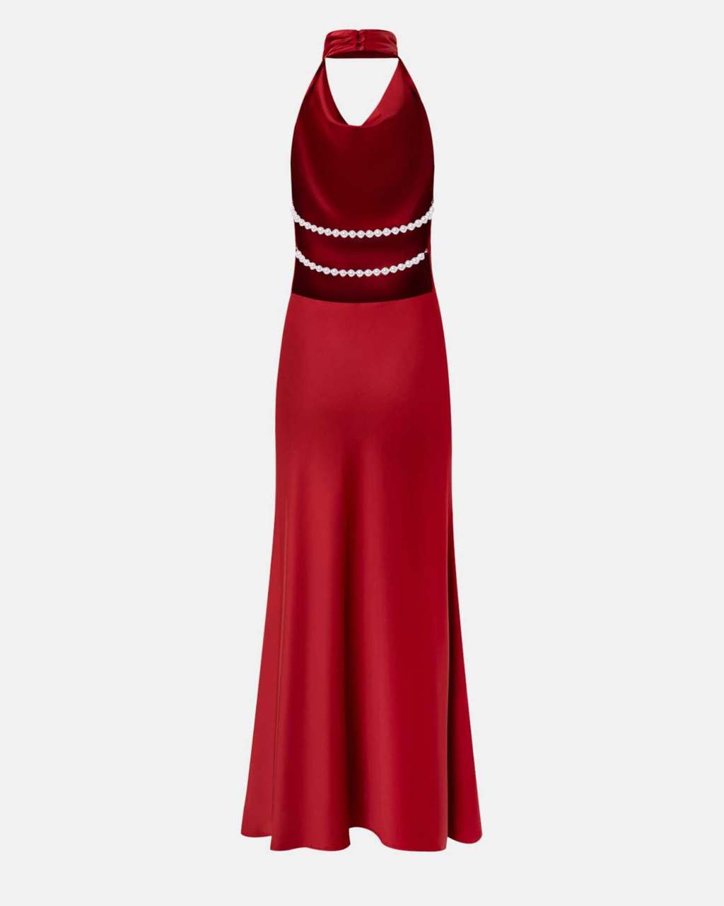 Pearl-Embellished Open-Back Satin Halter Maxi Dress