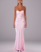 Dreamy Sequin-Bust Satin Lace-Up Maxi Dress