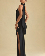 One-Shoulder Scarf Detail Satin Maxi Dress