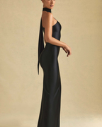 One-Shoulder Scarf Detail Satin Maxi Dress
