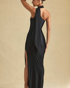 One-Shoulder Scarf Detail Satin Maxi Dress