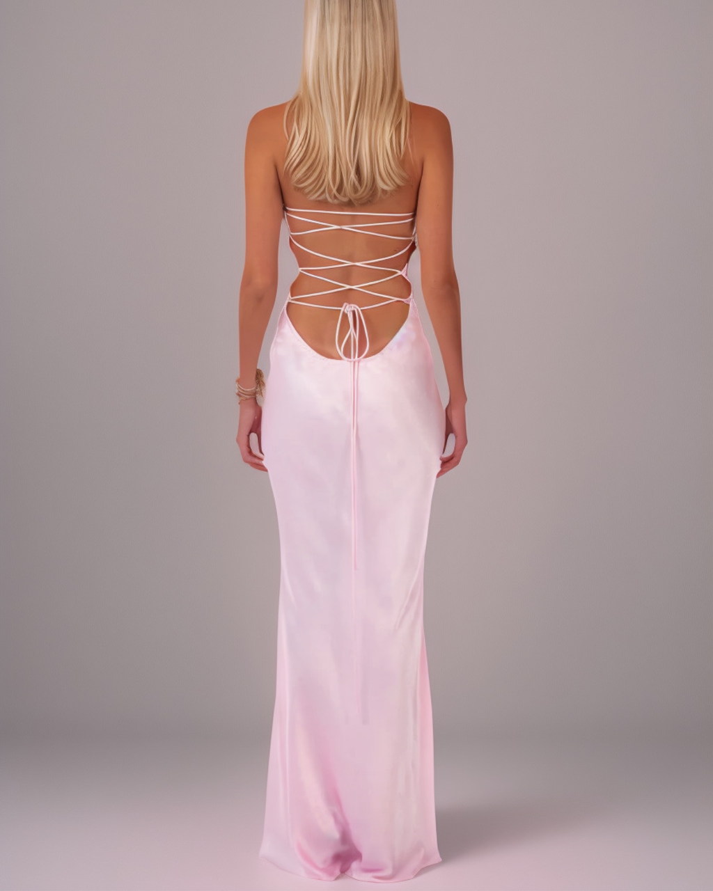 Dreamy Sequin-Bust Satin Lace-Up Maxi Dress