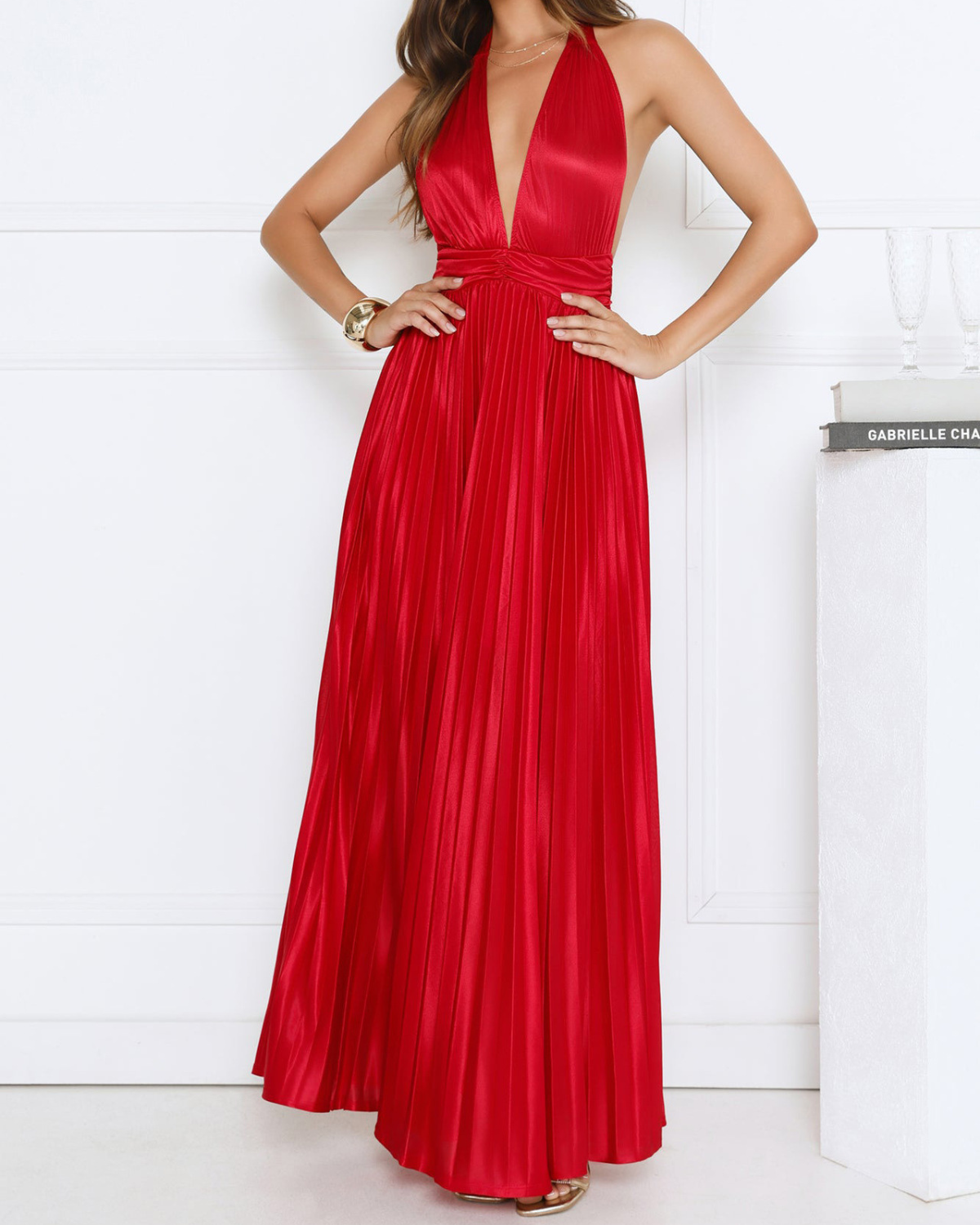Satin Plissé Plunge Halter Maxi Dress