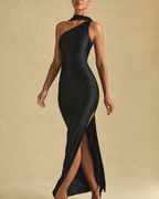 One-Shoulder Scarf Detail Satin Maxi Dress