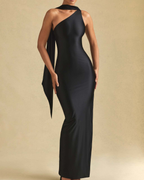 One-Shoulder Scarf Detail Satin Maxi Dress