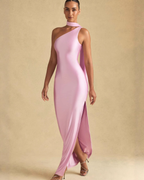 One-Shoulder Scarf Detail Satin Maxi Dress