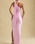 One-Shoulder Scarf Detail Satin Maxi Dress