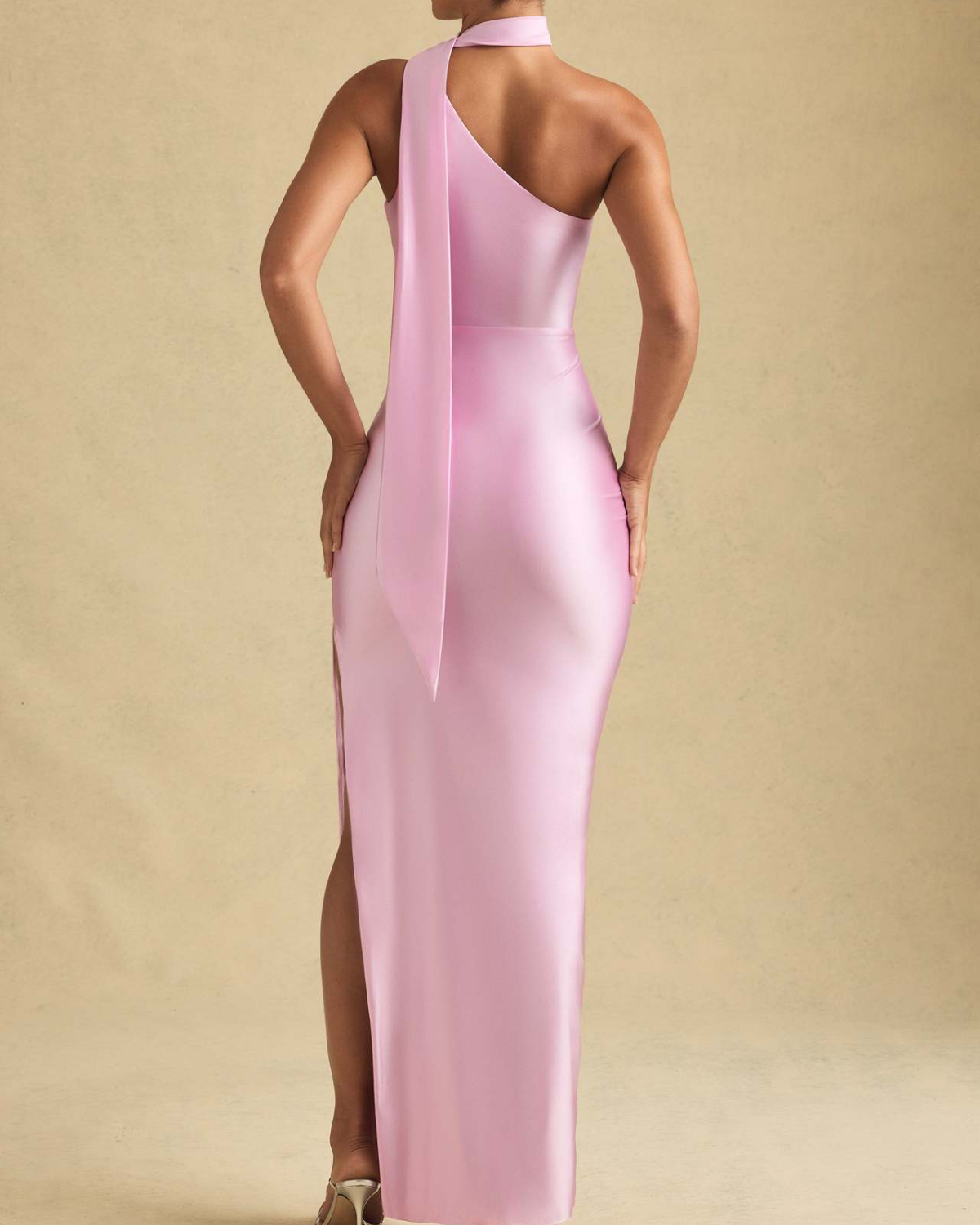 One-Shoulder Scarf Detail Satin Maxi Dress