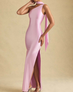 One-Shoulder Scarf Detail Satin Maxi Dress
