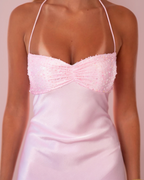 Dreamy Sequin-Bust Satin Lace-Up Maxi Dress