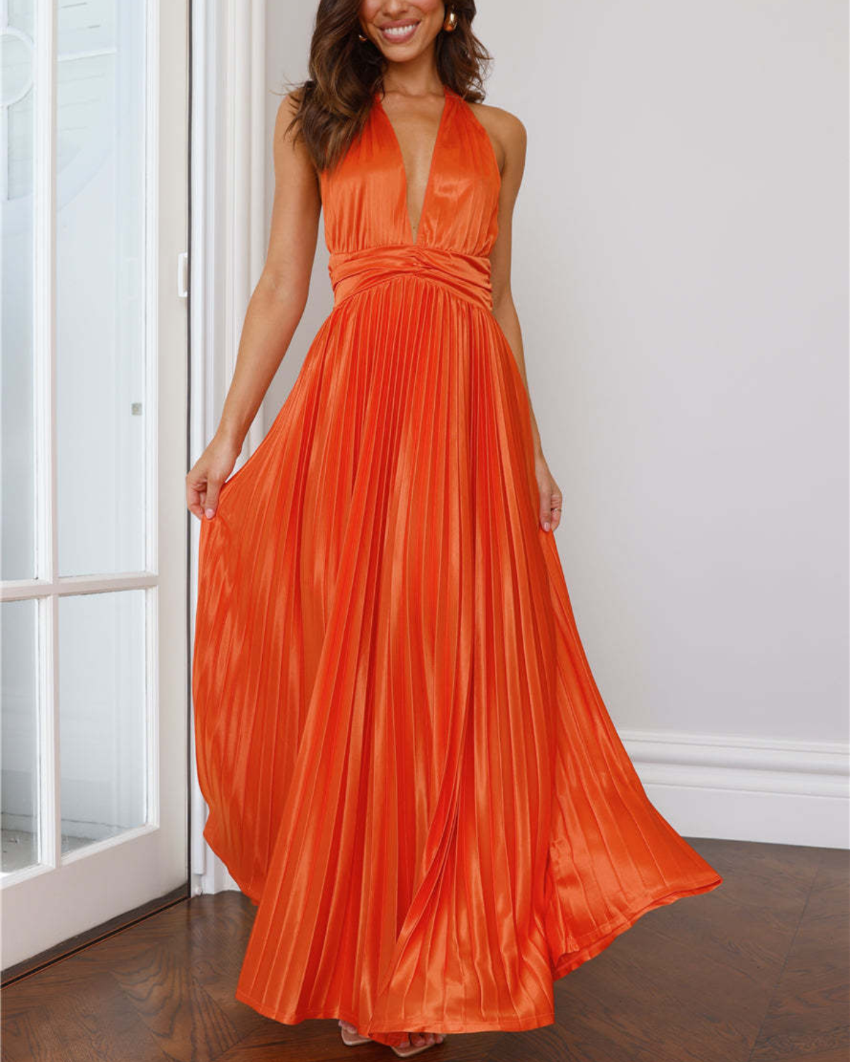 Satin Plissé Plunge Halter Maxi Dress