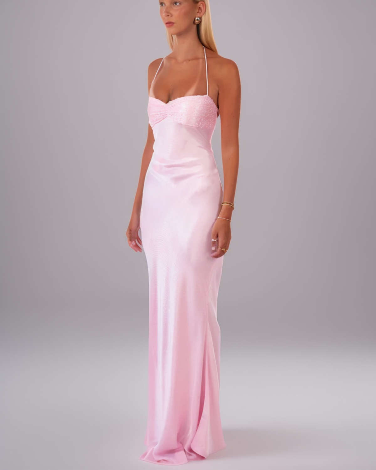 Dreamy Sequin-Bust Satin Lace-Up Maxi Dress