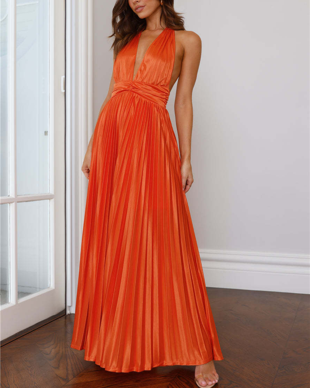 Satin Plissé Plunge Halter Maxi Dress