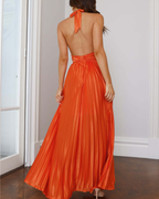 Satin Plissé Plunge Halter Maxi Dress