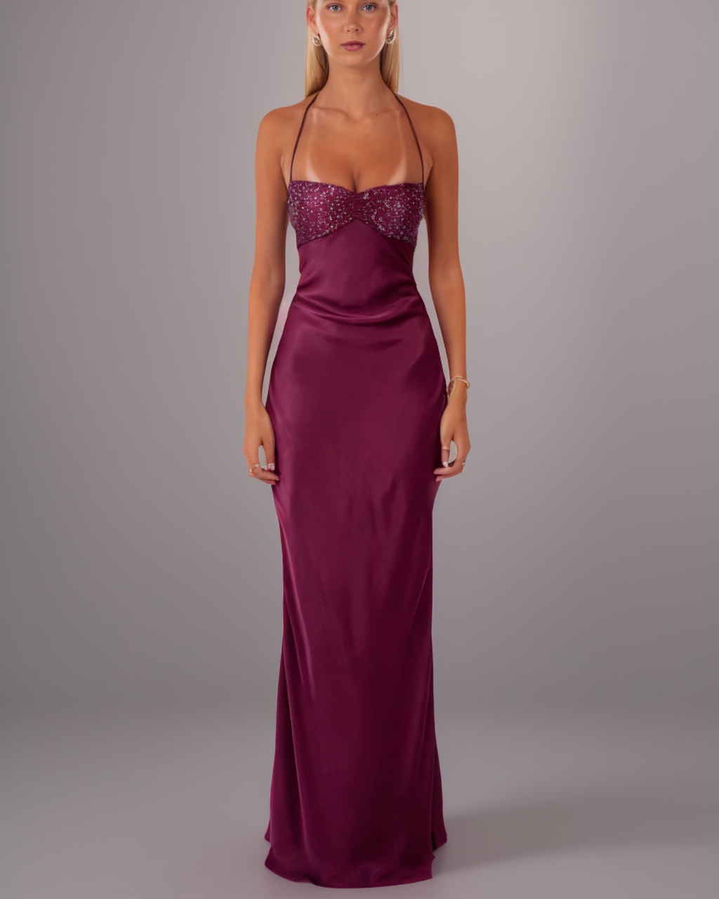 Dreamy Sequin-Bust Satin Lace-Up Maxi Dress