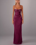 Dreamy Sequin-Bust Satin Lace-Up Maxi Dress