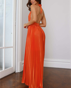 Satin Plissé Plunge Halter Maxi Dress