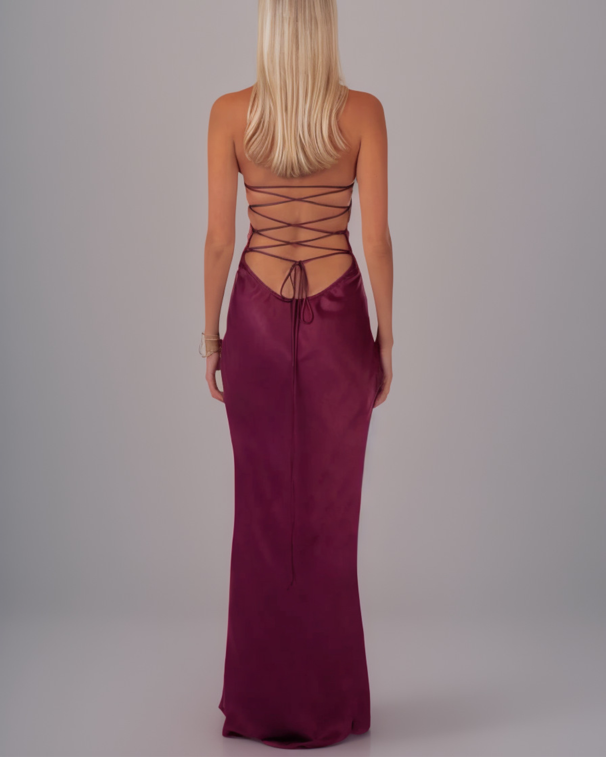 Dreamy Sequin-Bust Satin Lace-Up Maxi Dress