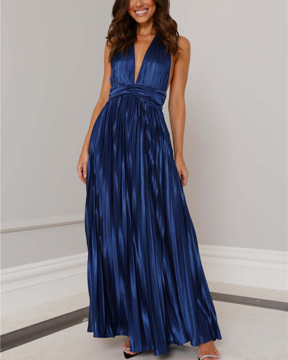 Satin Plissé Plunge Halter Maxi Dress