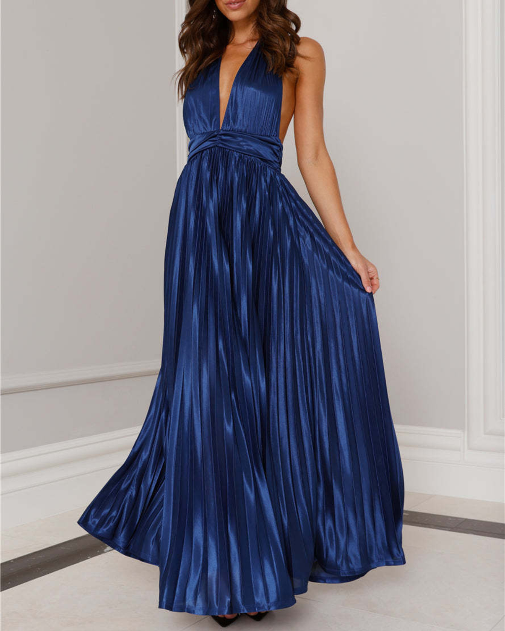 Satin Plissé Plunge Halter Maxi Dress