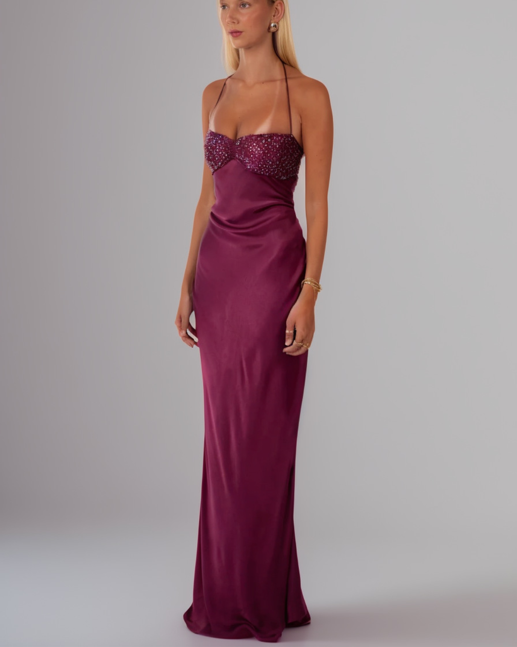 Dreamy Sequin-Bust Satin Lace-Up Maxi Dress