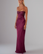 Dreamy Sequin-Bust Satin Lace-Up Maxi Dress